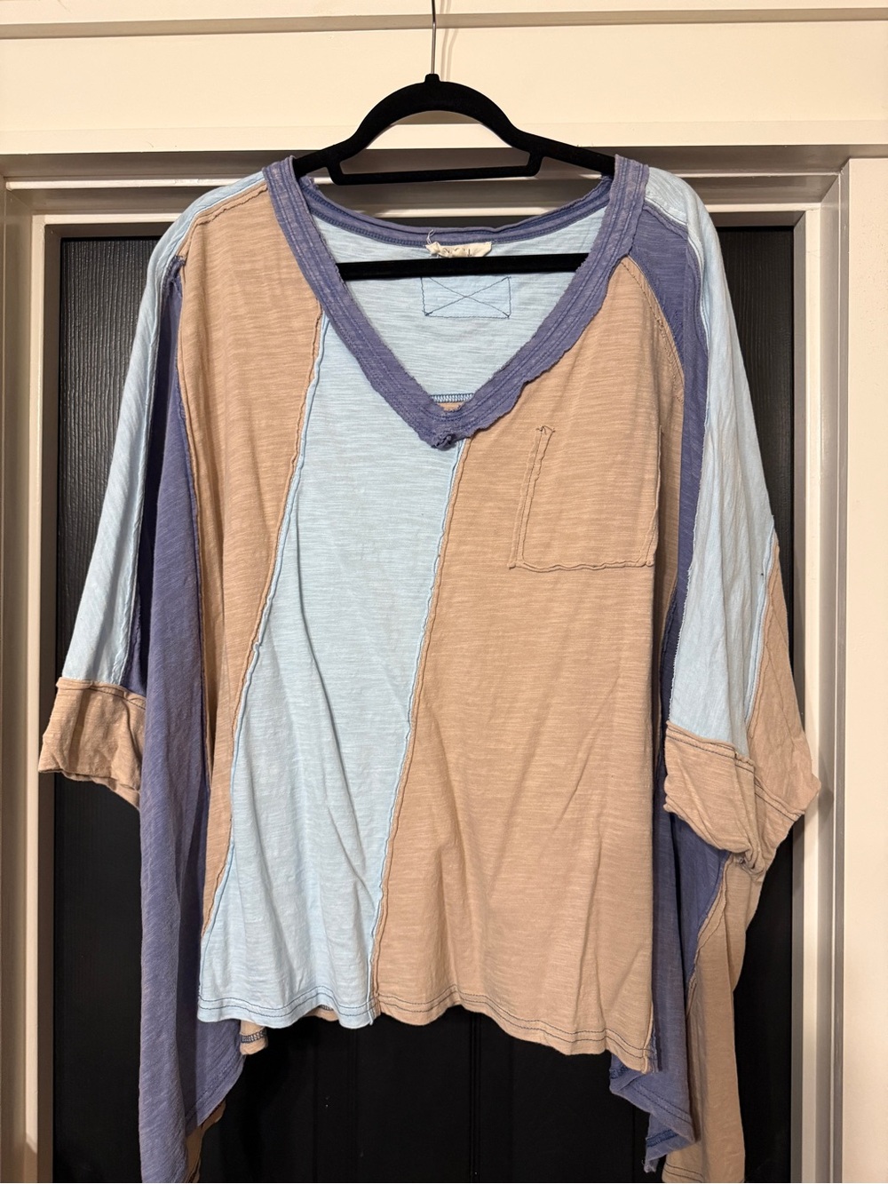 Oli & Hali Patchwork V-Neck Tunic in Light Blue and Tan with Slate Trim